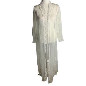 Vintage Chiffon Sheer Lingerie Robe S White Lace Trim Long Sleeve Beaded Bridal